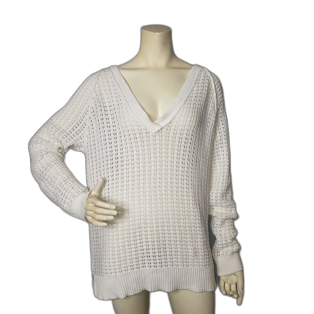 Sundance White Cotton Open Crochet Long Sleeve Hooded Sweater Womens Size Medium